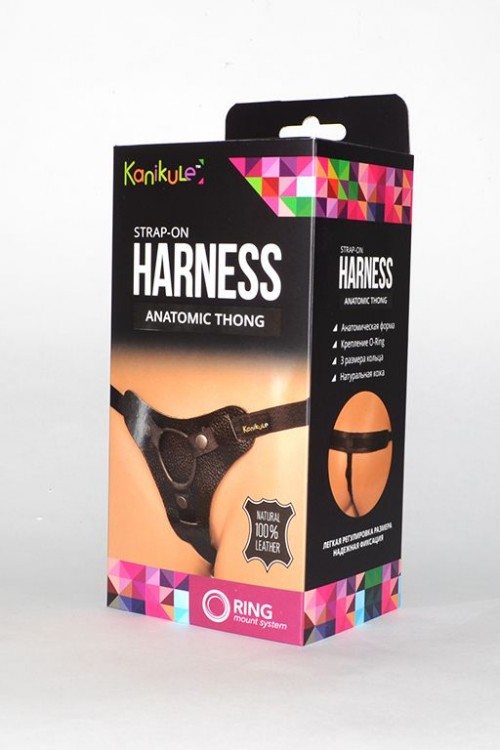 Чёрные трусики для фиксации насадок кольцом Kanikule Leather Strap-on Harness  Anatomic Thong от Kanikule