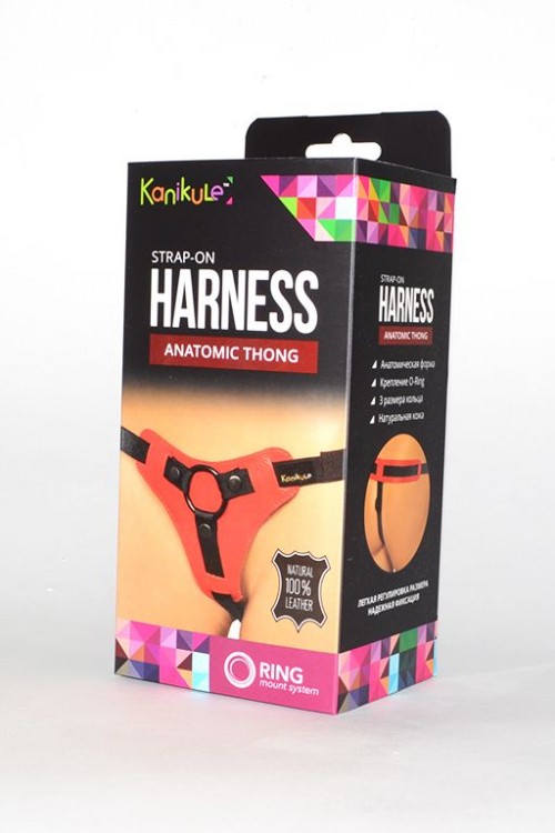 Красно-чёрные трусики для фиксации насадок кольцом Kanikule Leather Strap-on Harness  Anatomic Thong от Kanikule