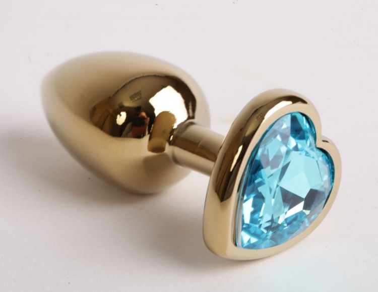 Золотистая анальная пробка с голубым кристаллом-сердцем - 9 см. от 4sexdreaM