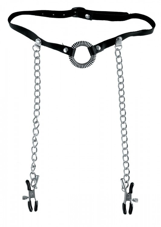 Кольцо-расширитель для рта с цепочками, соединяющими его с клипсами для сосков O-Ring Gag   Nipple Clamps от Pipedream