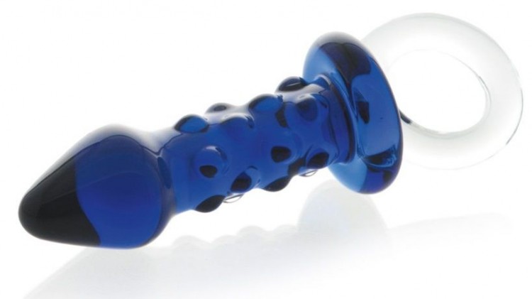 Синяя стеклянная анальная втулка с ручкой-кольцом - 10,5 см. от Sexus