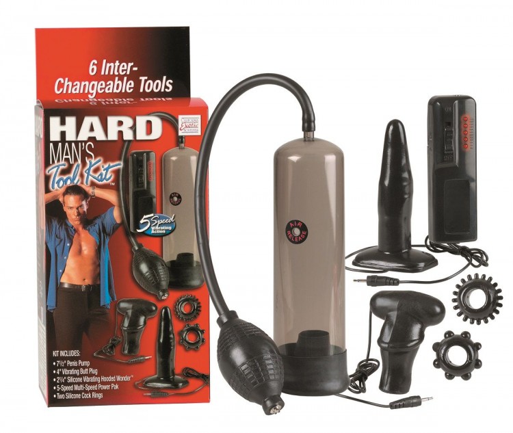 Набор для мужчин Hard Mans Tool Kit: вакуумная помпа, анальная пробка, эрекционные кольца и виброяичко от California Exotic Novelties