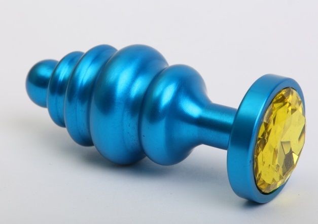 Синяя ребристая анальная пробка с жёлтым кристаллом - 7,3 см. от 4sexdreaM