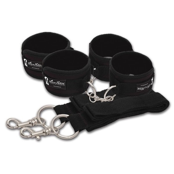 Две пары черных наручников, крепящиеся к матрасу от Lux Fetish