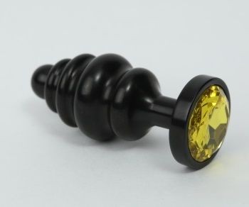 Чёрная ребристая анальная пробка с жёлтым кристаллом - 7,3 см. от 4sexdreaM