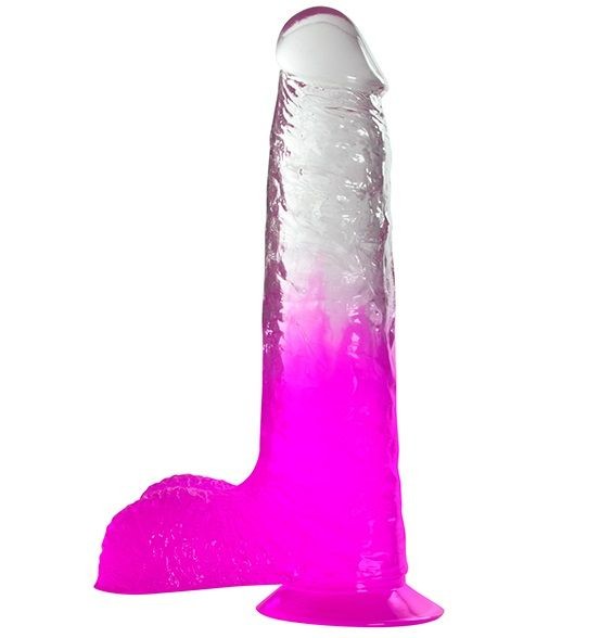 Фиолетовый фаллоимитатор с мошонкой, прозрачным стволом и присоской - 17,8 см. от Dream Toys