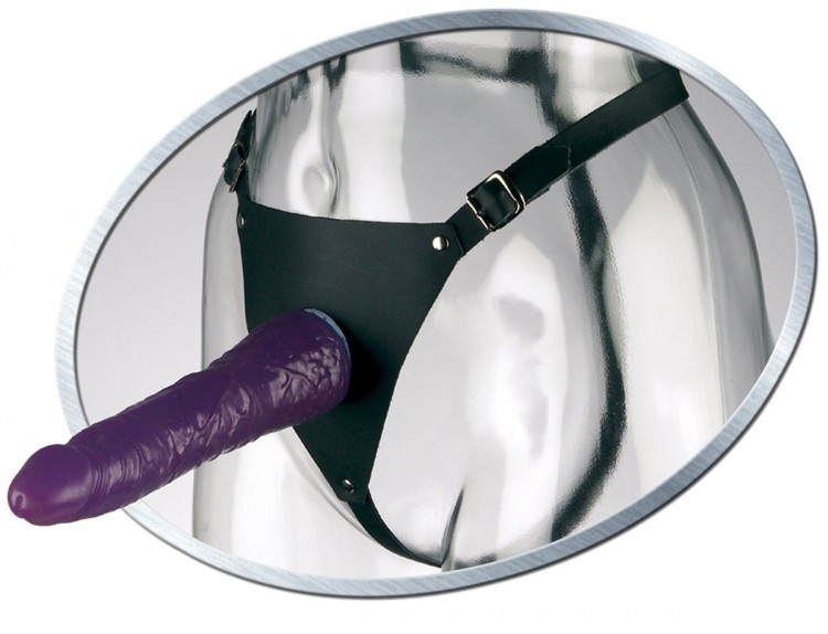 Фиолетовый женский страпон Leather Strap On Satisfy-Her - 19 см. от Pipedream