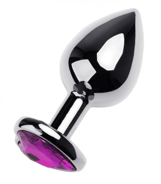 Серебристая анальная втулка с фиолетовым стразом-сердцем - 9,5 см. от ToyFa