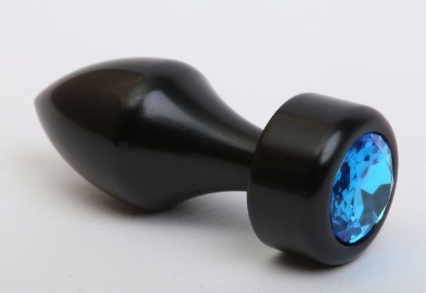 Чёрная анальная пробка с широким основанием и голубым кристаллом - 7,8 см. от 4sexdreaM
