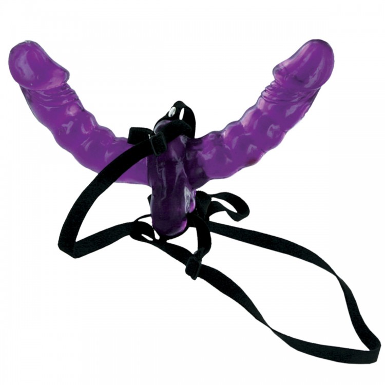 Фиолетовый страпон Double Delight Strap-on с вагинальной пробкой - 15 см. от Pipedream