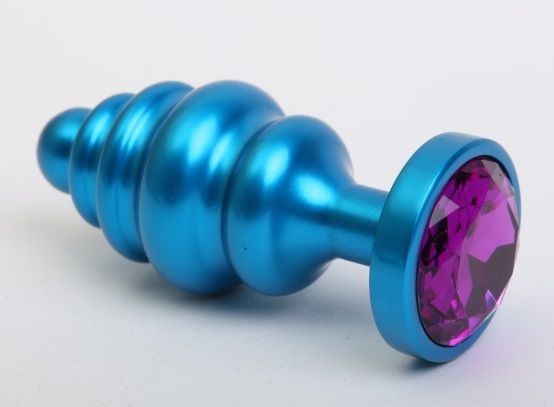 Синяя ребристая анальная пробка с фиолетовым кристаллом - 7,3 см. от 4sexdreaM