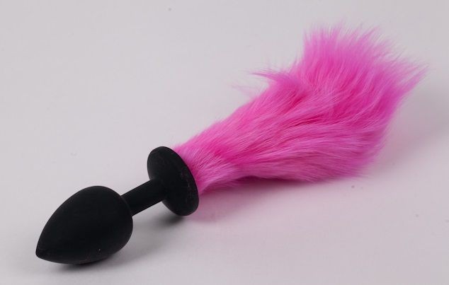 Черная силиконовая анальная пробка с розовым хвостиком от 4sexdreaM