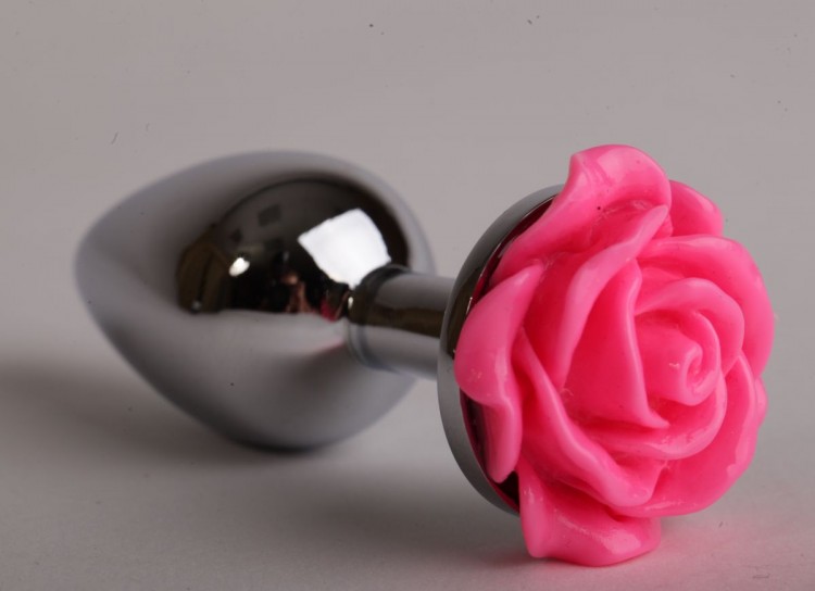 Серебристая анальная пробка с розовой розочкой - 8 см. от 4sexdreaM