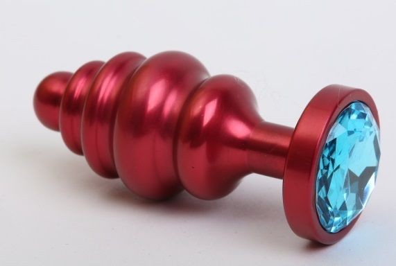 Красная ребристая анальная пробка с голубым стразом - 7,3 см. от 4sexdreaM