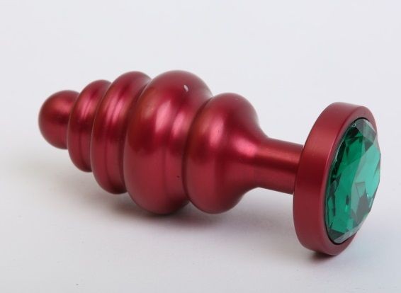 Красная ребристая анальная пробка с зеленым стразом - 7,3 см. от 4sexdreaM