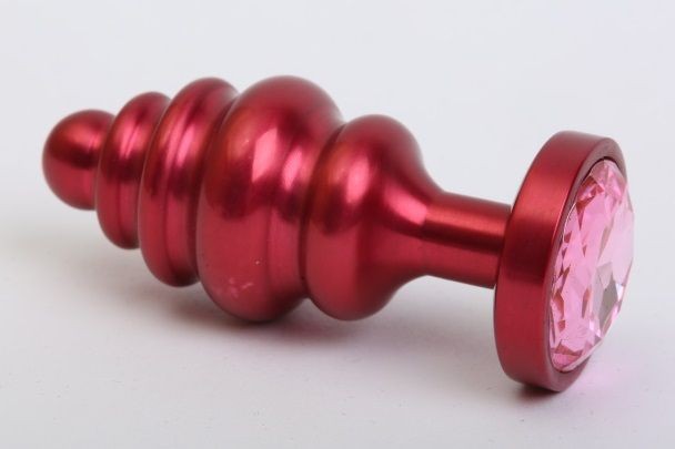 Красная ребристая анальная пробка с розовым стразом - 7,3 см. от 4sexdreaM