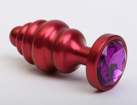 Красная ребристая анальная пробка с фиолетовым стразом - 7,3 см. от 4sexdreaM