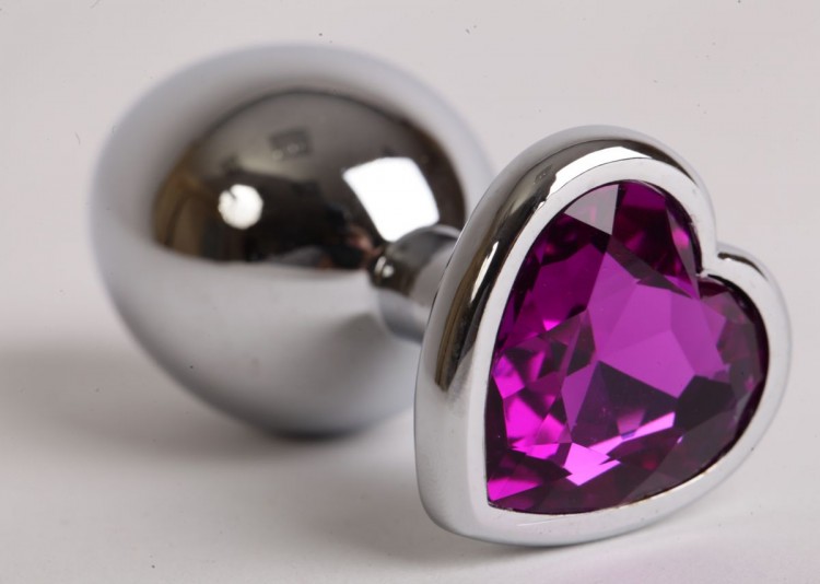 Серебристая анальная пробка с фиолетовым стразиком-сердечком - 8 см. от 4sexdreaM