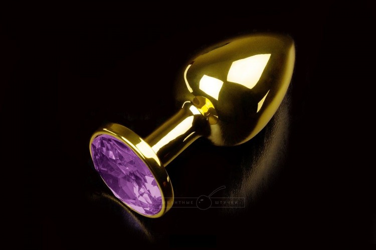 Маленькая золотистая анальная пробка с круглым кончиком и фиолетовым кристаллом - 7 см. от Пикантные штучки
