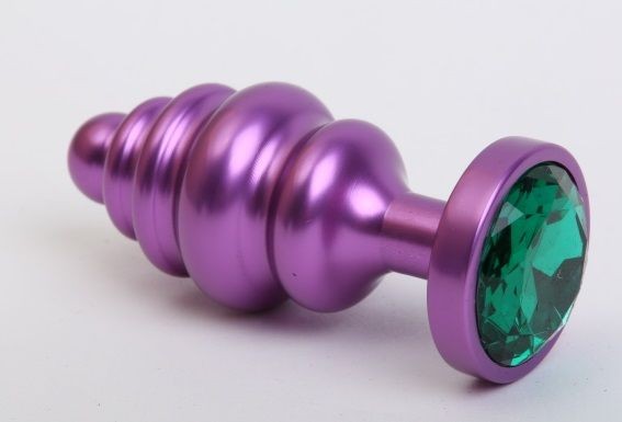 Фиолетовая ребристая анальная пробка с зеленым кристаллом - 7,3 см. от 4sexdreaM
