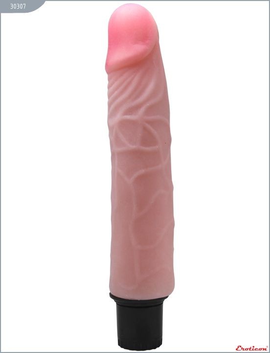 Телесный вибратор с розовой головкой из ультраскин - 20 см. от Eroticon