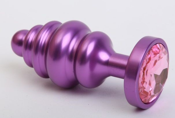 Фиолетовая ребристая анальная пробка с розовым кристаллом - 7,3 см. от 4sexdreaM