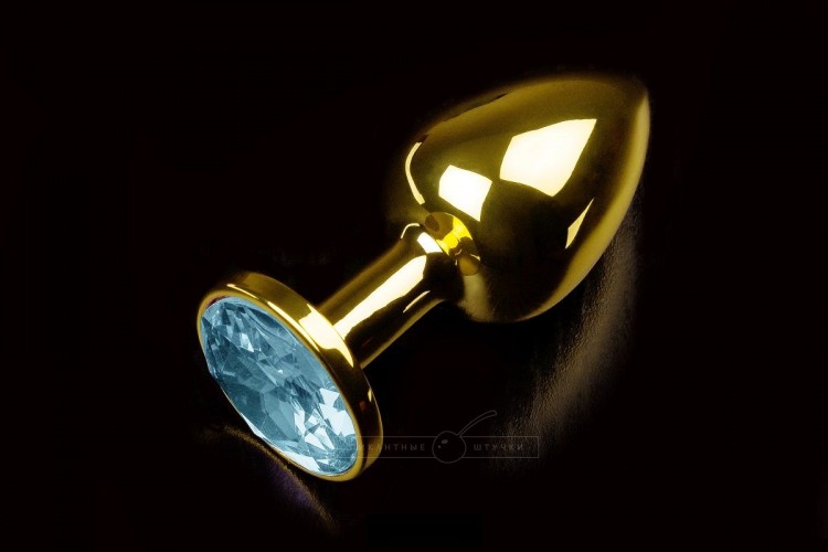 Маленькая золотистая анальная пробка с круглым кончиком и голубым кристаллом - 7 см. от Пикантные штучки