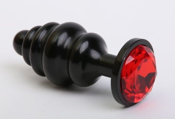 Чёрная ребристая анальная пробка с красным кристаллом - 7,3 см. от 4sexdreaM