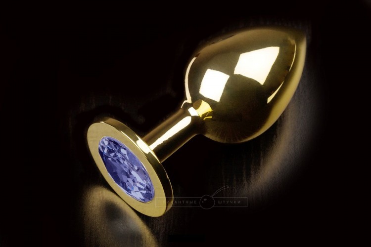 Большая золотая анальная пробка с закругленным кончиком и синим кристаллом - 9 см. от Пикантные штучки