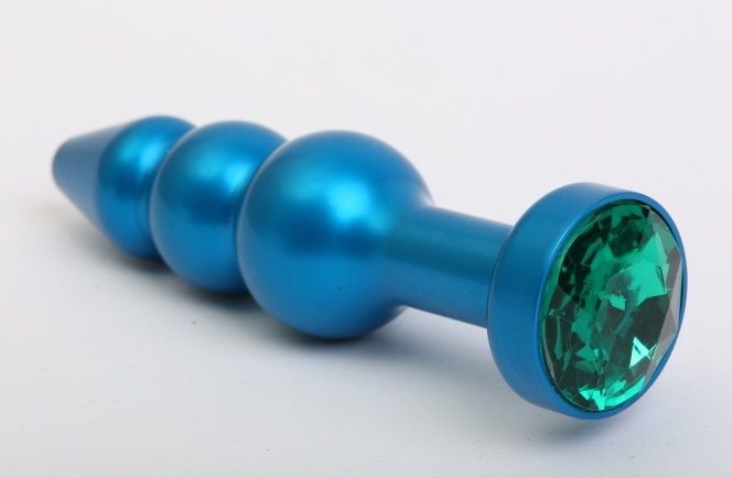 Синяя фигурная анальная пробка с зелёным кристаллом - 11,2 см. от 4sexdreaM