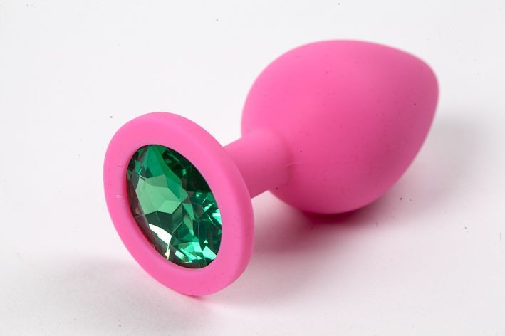 Розовая силиконовая анальная пробка с зеленым стразом - 8,2 см. от 4sexdreaM