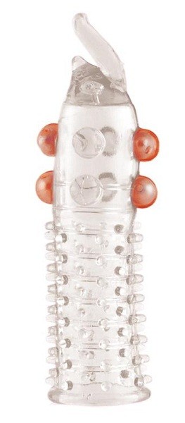 Гелевая прозрачная насадка с шариками, шипами и усиком - 11 см. от ToyFa