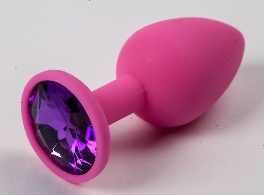 Розовая силиконовая анальная пробка с фиолетовым стразом - 7,1 см. от 4sexdreaM